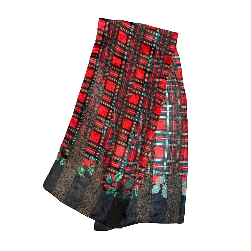 Vintage Style Red Tartan Plaid Christmas Scarf Holly Berry Sheer Satin Stripe